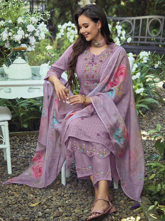 Indo Era Lavender Floral Embroidered Pure Cotton Kurta With Trousers & Dupatta