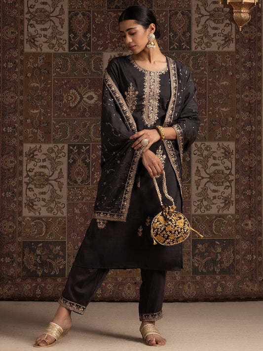 Indo Era Grey Floral Embroidered Regular Sequinned Kurta With Trousers & Dupatta