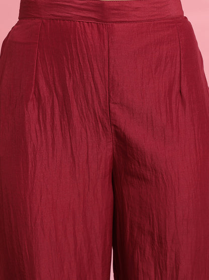 Maroon Embroidered Straight Kurta Trousers With Dupatta Set