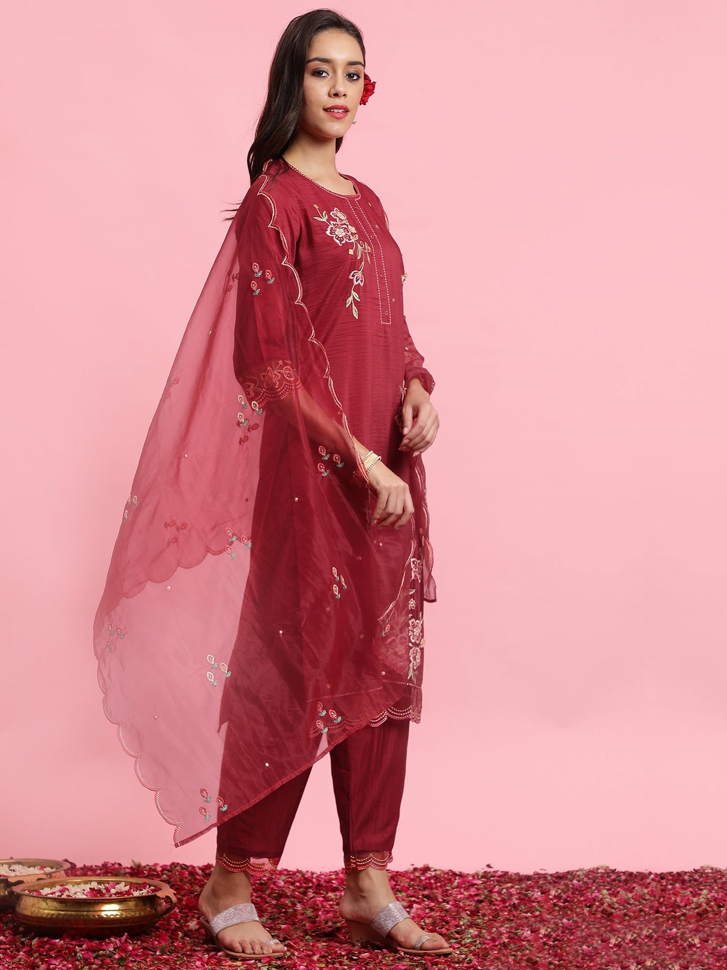 Maroon Embroidered Straight Kurta Trousers With Dupatta Set