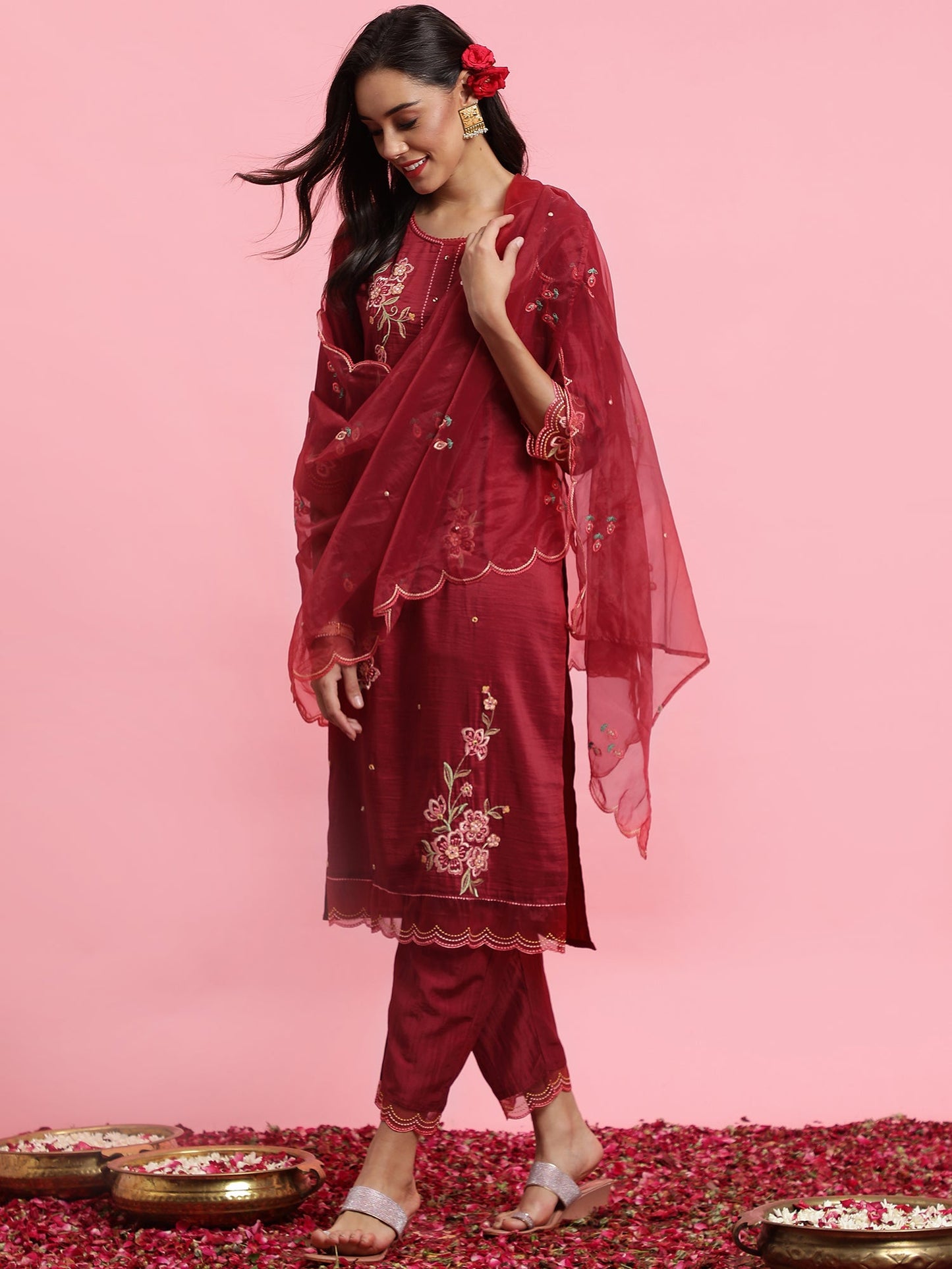 Maroon Embroidered Straight Kurta Trousers With Dupatta Set