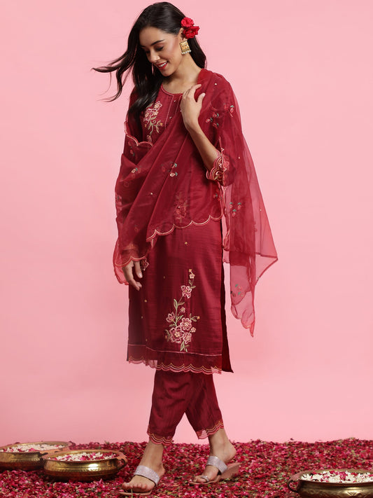 Maroon Embroidered Straight Kurta Trousers With Dupatta Set