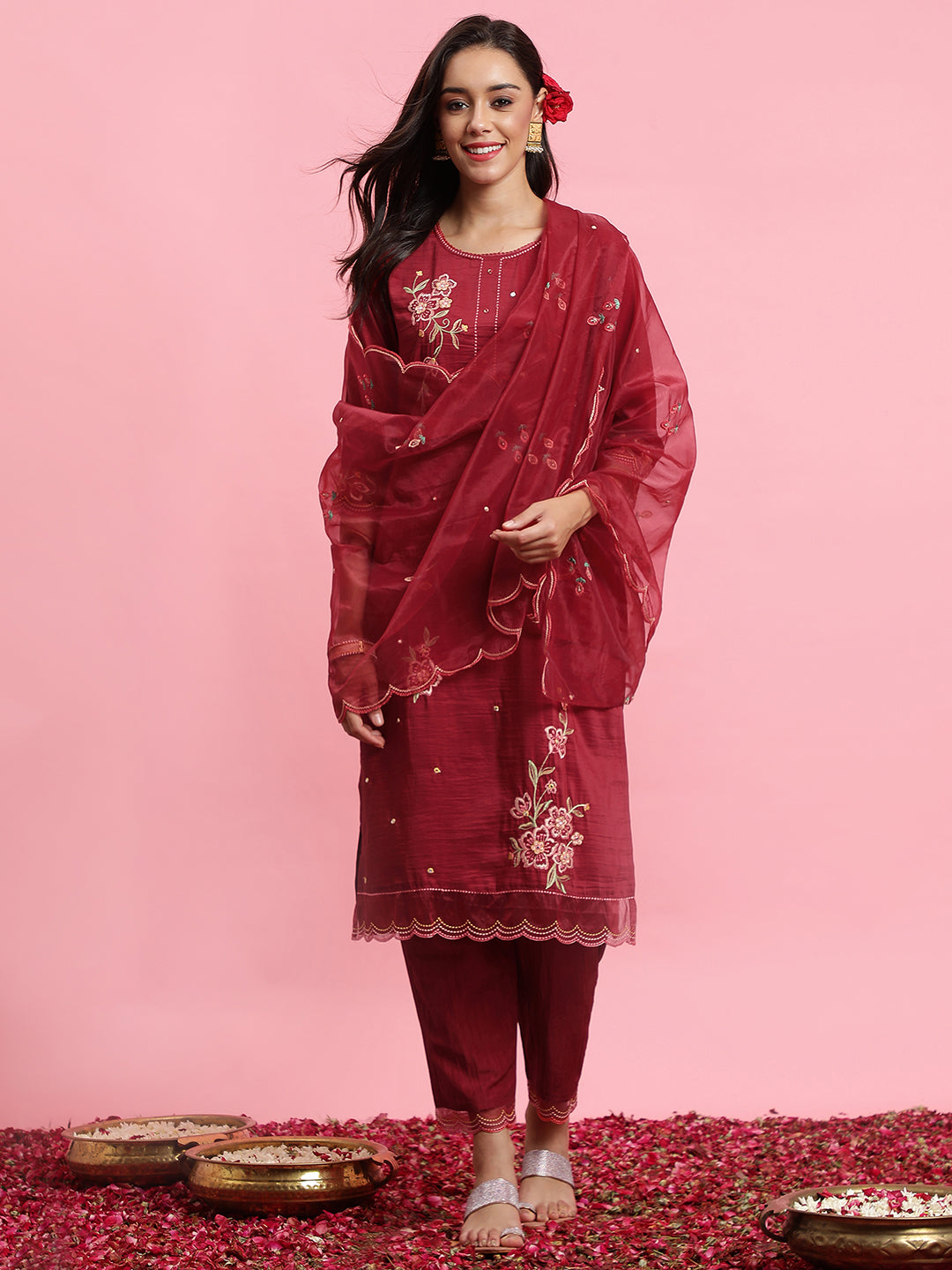Maroon Embroidered Straight Kurta Trousers With Dupatta Set