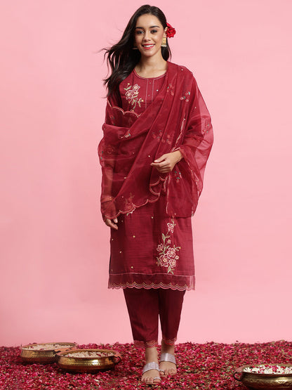 Maroon Embroidered Straight Kurta Trousers With Dupatta Set