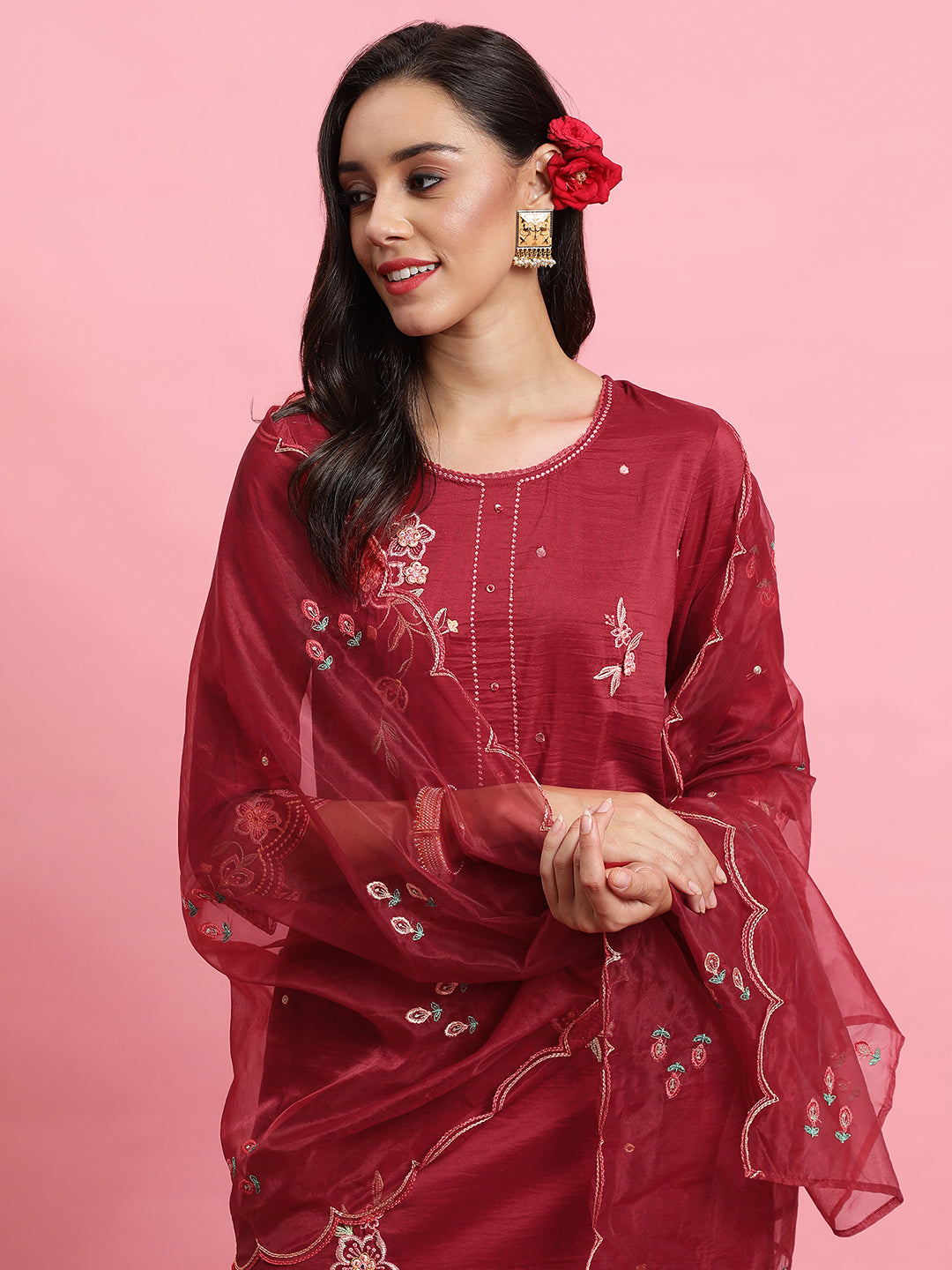 Maroon Embroidered Straight Kurta Trousers With Dupatta Set