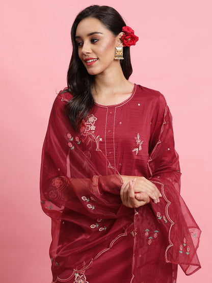Maroon Embroidered Straight Kurta Trousers With Dupatta Set