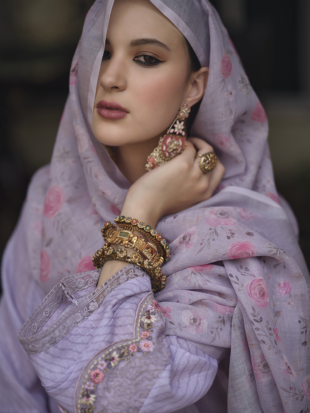 Indo Era Lavender Floral Embroidered Regular Thread Work Linen Kurta with Trousers & Dupatta