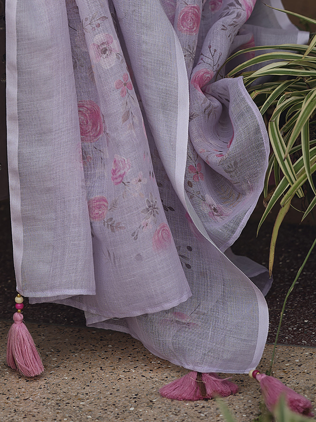 Indo Era Lavender Floral Embroidered Regular Thread Work Linen Kurta with Trousers & Dupatta