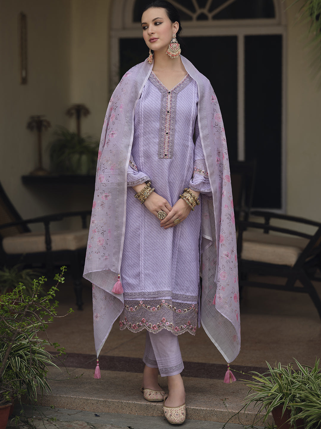 Indo Era Lavender Floral Embroidered Regular Thread Work Linen Kurta with Trousers & Dupatta