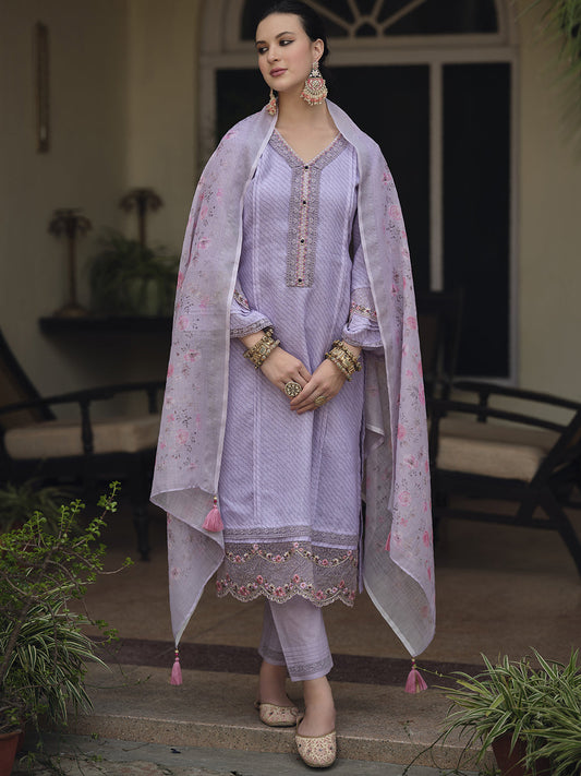 Indo Era Lavender Floral Embroidered Regular Thread Work Linen Kurta with Trousers & Dupatta