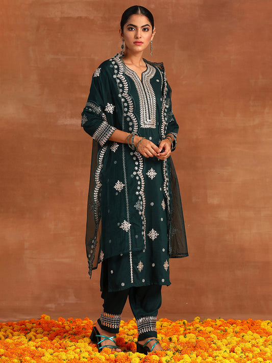 Indo Era Green Embroidered Straight Kurta Trousers With Dupatta Set