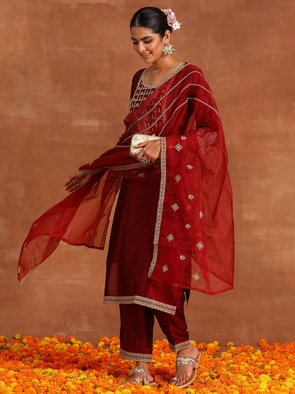 Maroon Embroidered Straight Kurta Trousers With Dupatta Set