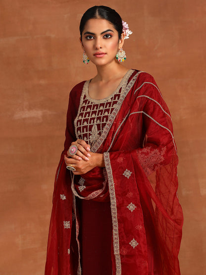 Maroon Embroidered Straight Kurta Trousers With Dupatta Set