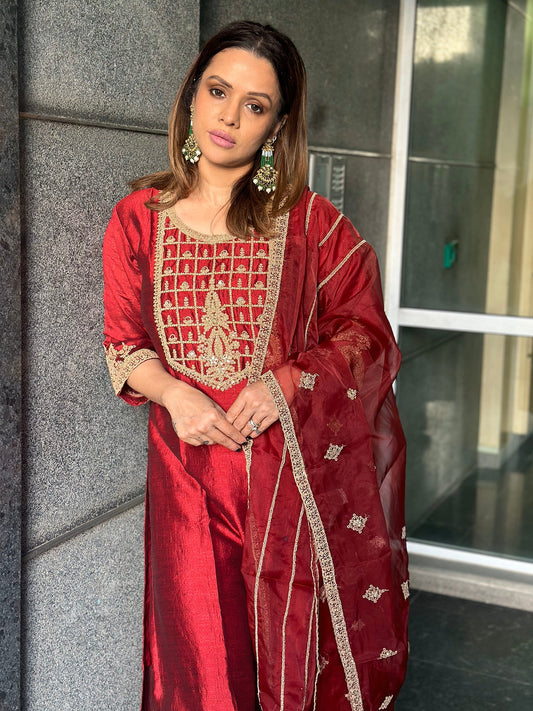 Maroon Embroidered Straight Kurta Trousers With Dupatta Set