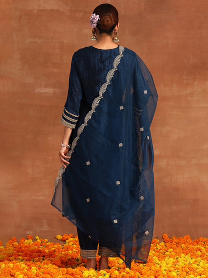Indo Era Blue Embroidered Straight Kurta Trousers With Dupatta Set