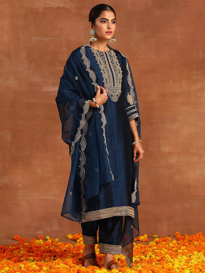 Indo Era Blue Embroidered Straight Kurta Trousers With Dupatta Set