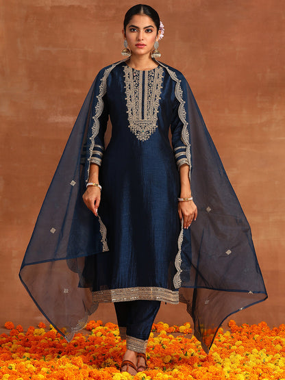 Indo Era Blue Embroidered Straight Kurta Trousers With Dupatta Set