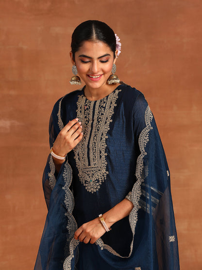 Indo Era Blue Embroidered Straight Kurta Trousers With Dupatta Set
