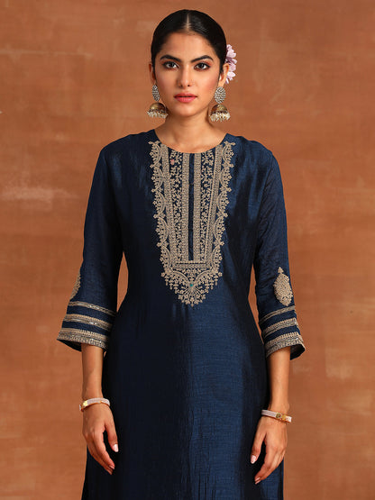 Indo Era Blue Embroidered Straight Kurta Trousers With Dupatta Set