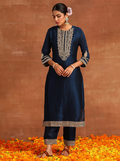 Indo Era Blue Embroidered Straight Kurta Trousers With Dupatta Set
