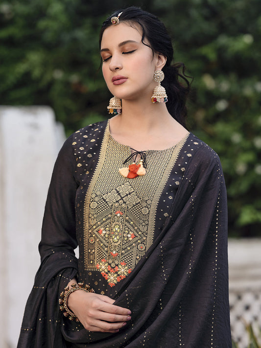Indo Era Black Embroidered Straight Kurta Trousers With Dupatta Set