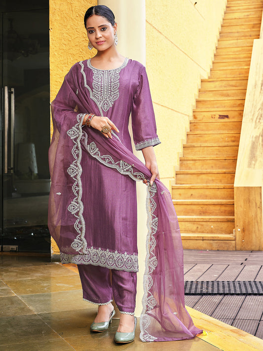 Mauve Embroidered Straight Kurta Trousers With Dupatta Set