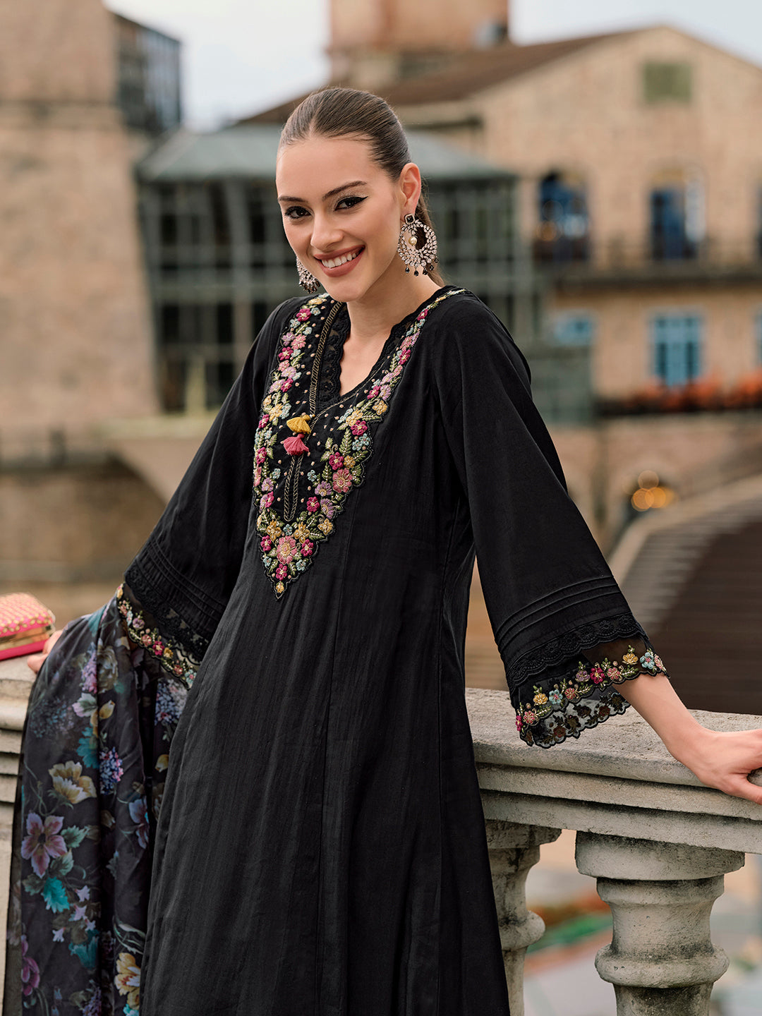 Indo Era Black Embroidered A-Line Kurta Trousers With Dupatta Set
