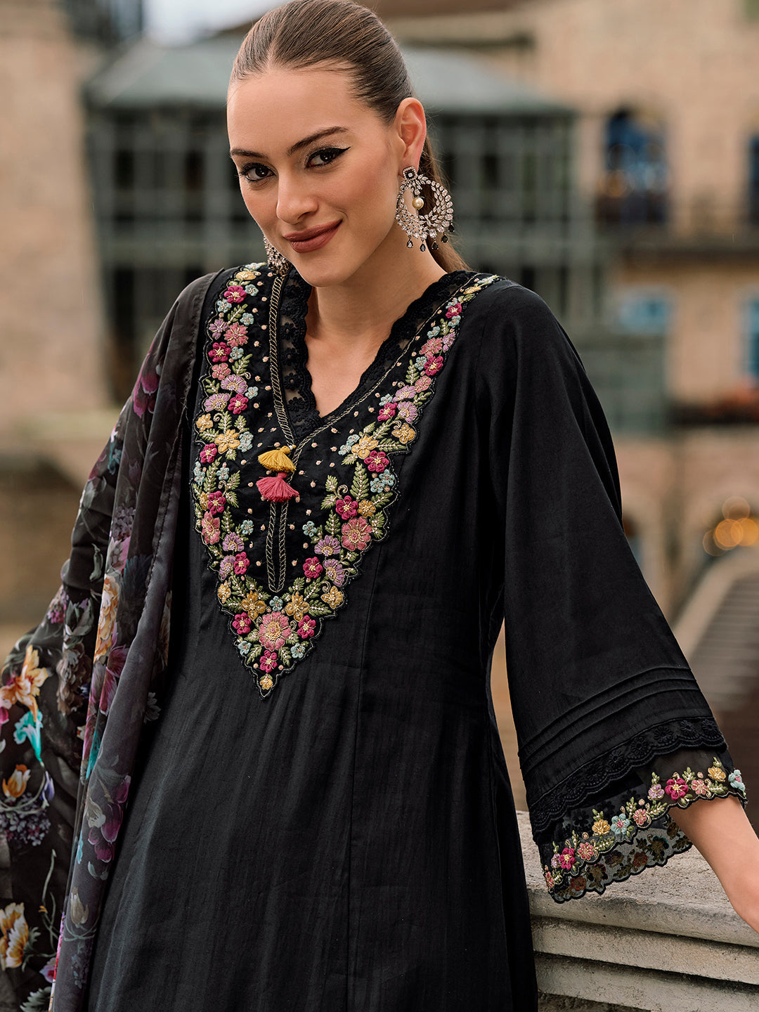 Indo Era Black Embroidered A-Line Kurta Trousers With Dupatta Set