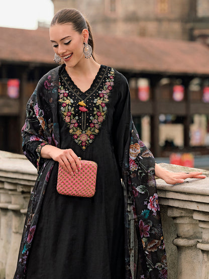 Indo Era Black Embroidered A-Line Kurta Trousers With Dupatta Set