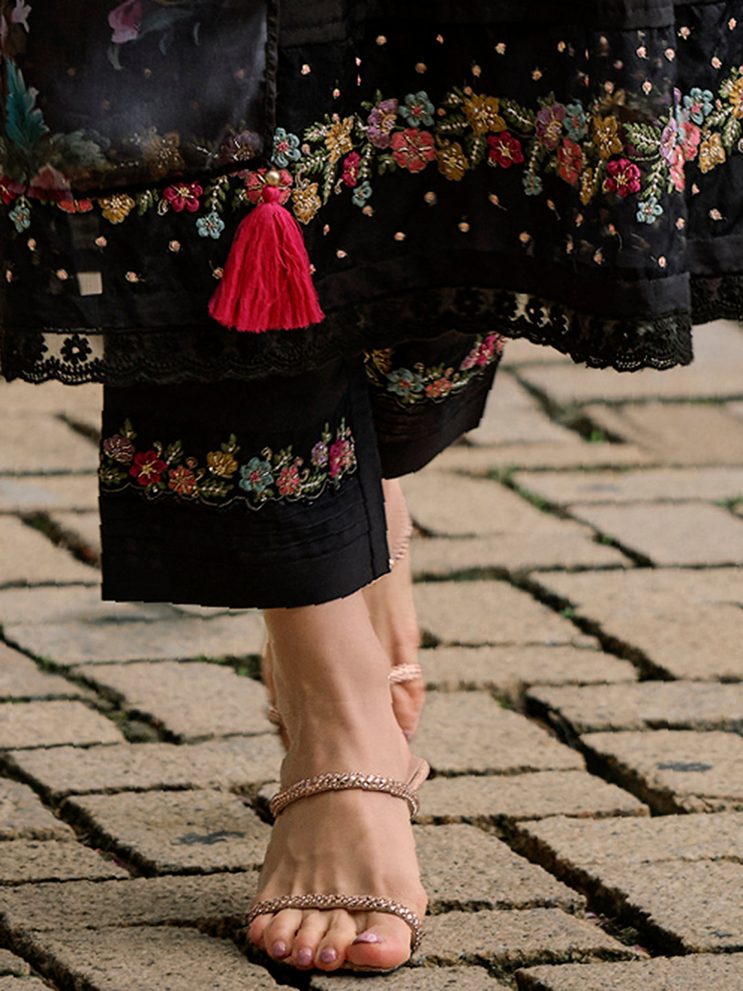 Indo Era Black Embroidered A-Line Kurta Trousers With Dupatta Set