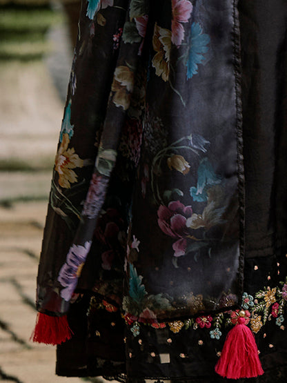 Indo Era Black Embroidered A-Line Kurta Trousers With Dupatta Set