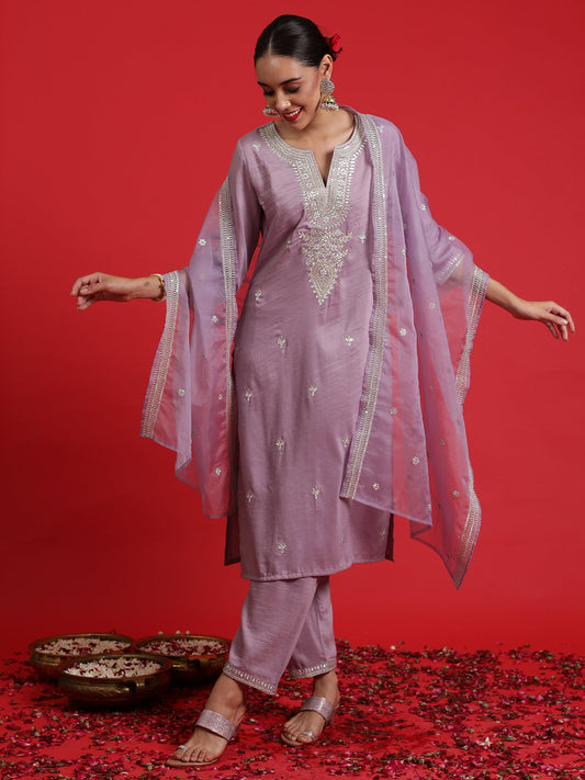 Indo Era Lavender Embroidered Straight Kurta Trousers With Dupatta Set