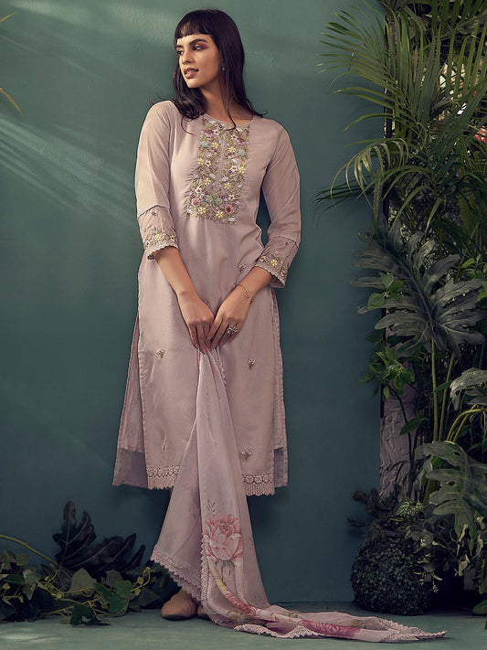 Mauve, purple & green embroidered Kurta with Trousers with dupatta Set