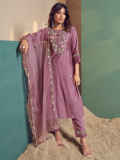Indo Era Lavender Embroidered Straight Kurta Trousers With Dupatta Set