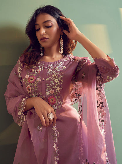 Indo Era Lavender Embroidered Straight Kurta Trousers With Dupatta Set