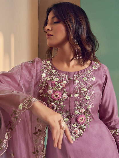 Indo Era Lavender Embroidered Straight Kurta Trousers With Dupatta Set