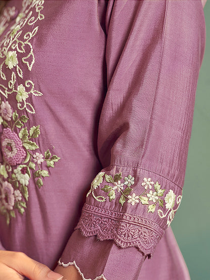 Indo Era Lavender Embroidered Straight Kurta Trousers With Dupatta Set