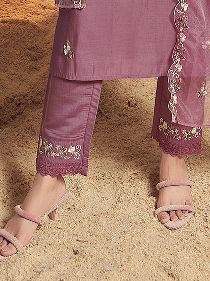 Indo Era Lavender Embroidered Straight Kurta Trousers With Dupatta Set