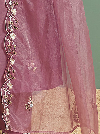 Indo Era Lavender Embroidered Straight Kurta Trousers With Dupatta Set