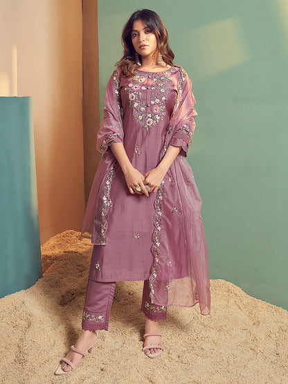 Indo Era Lavender Embroidered Straight Kurta Trousers With Dupatta Set
