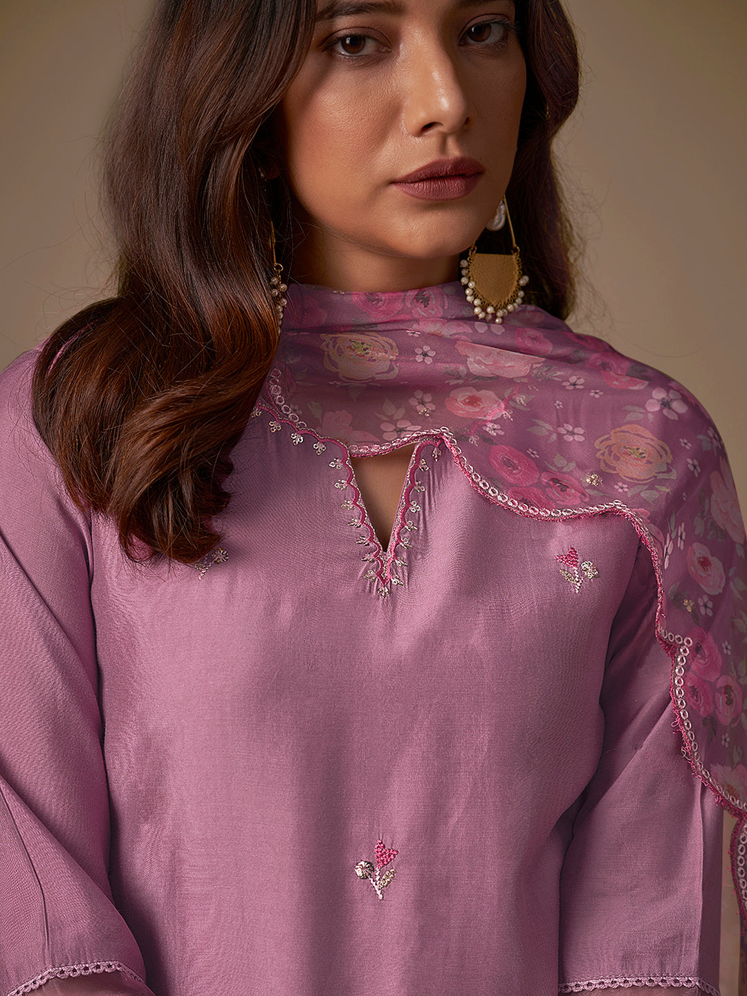 Indo Era Lavender Embroidered Straight Kurta Trousers With Dupatta Set