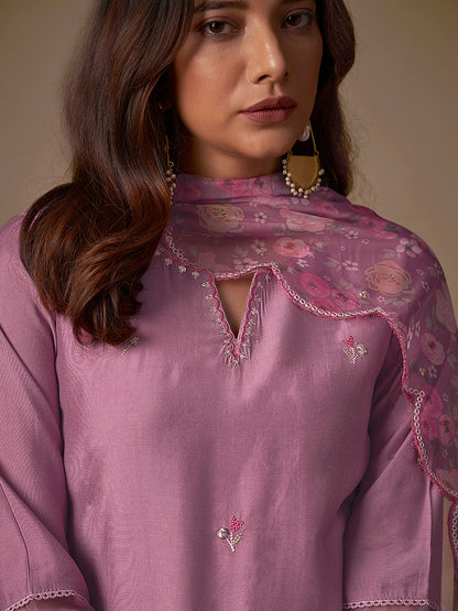 Indo Era Lavender Embroidered Straight Kurta Trousers With Dupatta Set