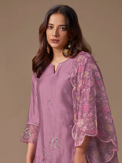 Indo Era Lavender Embroidered Straight Kurta Trousers With Dupatta Set