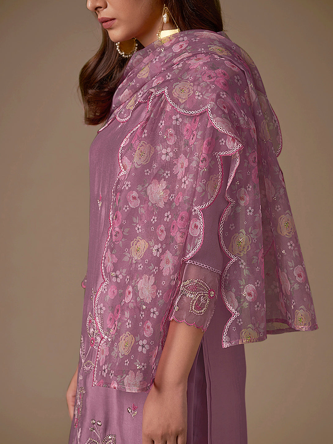 Indo Era Lavender Embroidered Straight Kurta Trousers With Dupatta Set