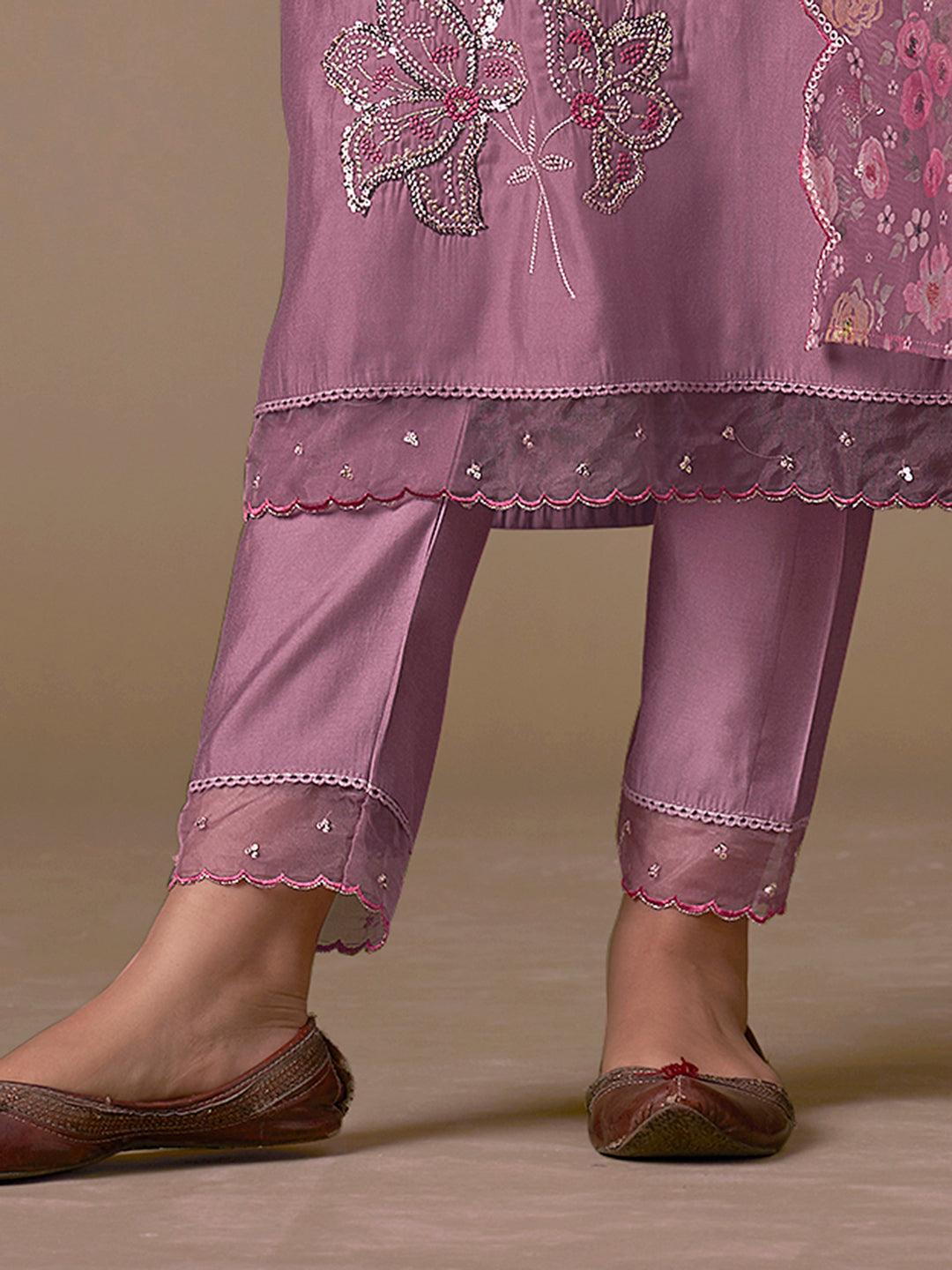 Indo Era Lavender Embroidered Straight Kurta Trousers With Dupatta Set