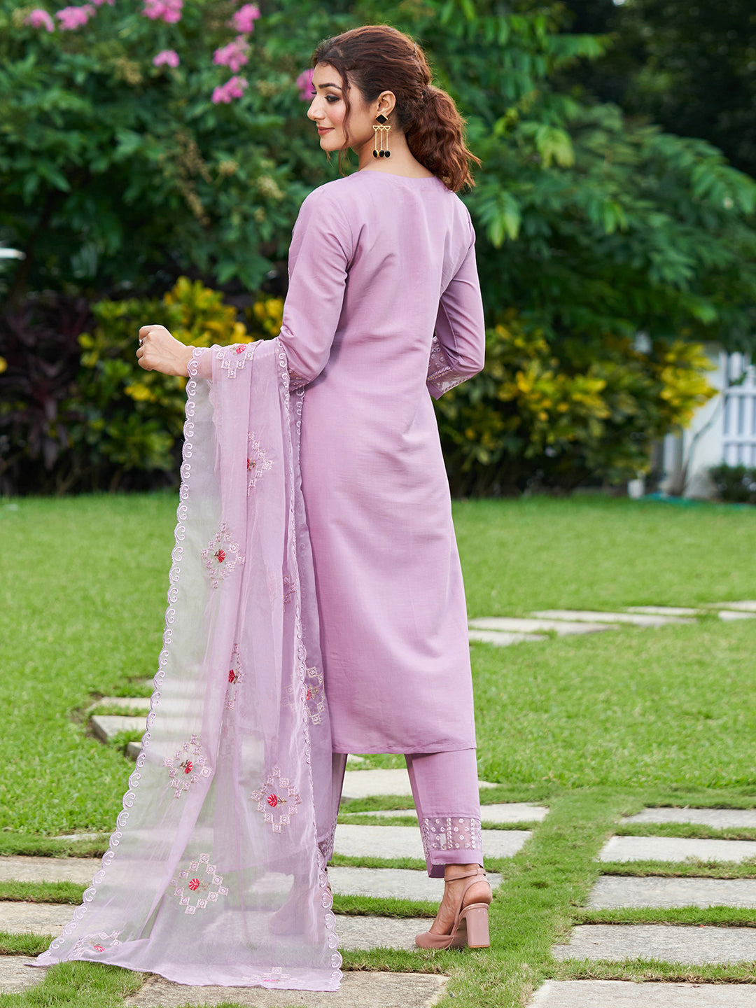 Indo Era Lavender Embroidered Straight Kurta Trousers With Dupatta Set