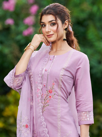 Indo Era Lavender Embroidered Straight Kurta Trousers With Dupatta Set