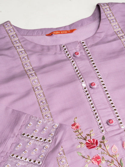 Indo Era Lavender Embroidered Straight Kurta Trousers With Dupatta Set