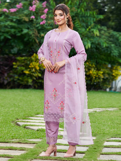 Indo Era Lavender Embroidered Straight Kurta Trousers With Dupatta Set
