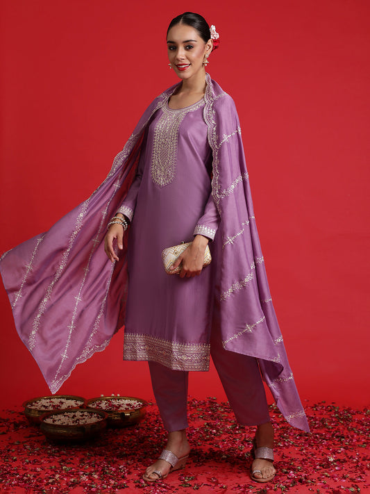 Indo Era Lavender Embroidered Straight Kurta Trousers With Dupatta Set